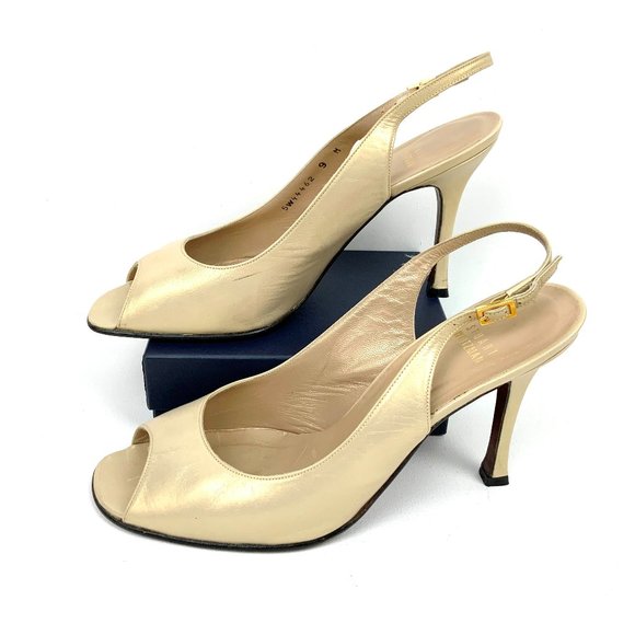 Stuart Weitzman Shoes - Stuart Weitzman Leather Metallic Gold Slingback Peep Toe Heels Sz 9